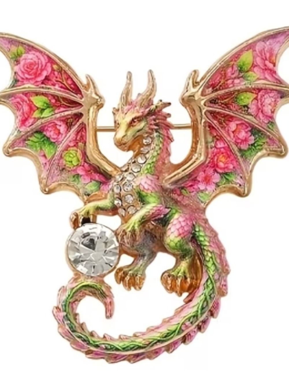 Pink & Green Floral Dragon Crystal Brooch - Women Jewelry